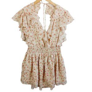 Sabo Skirt, Mini Dress, Ruffled, Open Back, Cream/Orange Floral, Size Medium